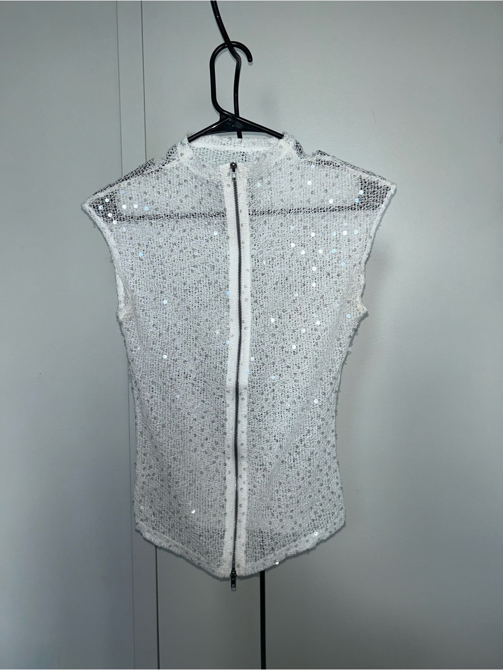 PROD White Sheer Sequin Zip-Up Tank Top Vest